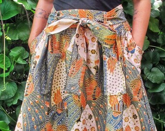 Green Floral Skirt with Belt: Batik Skirt, Peacock and Phoenix Design