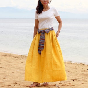 Leinen Maxi Rock mit Gürtel und Taschen