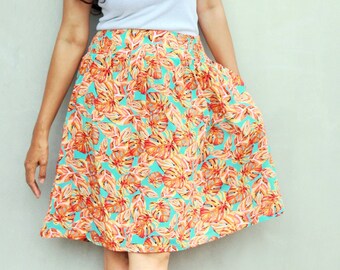 Orange Floral Skirt with Pockets: Monstera Leaf Batik Print, Custom Length Available