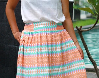 Colorful Skirt: Silk Print Skirt, High Waist A-Line Design