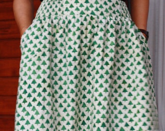 Green Cotton Midi Skirt: Handmade Batik Skirt, Tree Pattern