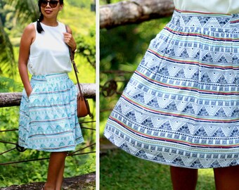 White midi skirt, horizontal stripe skirt, triangle skirt, tribal skirt, Aztec skirt, versatile skirt, midi summer skirt, elastic skirt