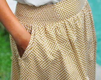 Yellow midi skirt, mustard skirt, high waist midi skirt, midi skirt with pockets, fashion skirt, elegant skirt, stretch skirt, fitted skirt