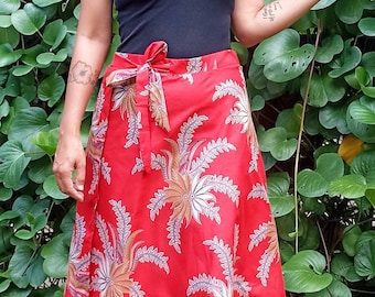 Red Floral Wrap Midi Skirt, Batik Fashion, High Waist Cotton Skirt