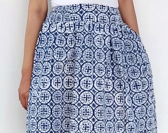 Navy Blue Cotton Midi Skirt with Pockets: Indonesian Batik, Block Printed Clothing