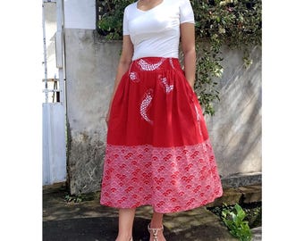Red Cotton Skirt with Fish and Wave Print: Batik Skirt, Custom Length