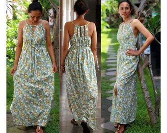 Green floral dress, daisy dress, ditsy dress, goddess dress, gypsy dress, belt dress, slit dress, beachwear dress, summer maxi dress