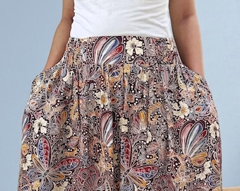 Brauner Rock mit Blumenmuster: Schmetterlingsprint, Batikmuster, individuelle Längenanpassung möglich