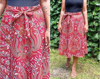 Maroon batik wrap skirt, tie front skirt, bird of paradise skirt, glossy skirt,smooth skirt, birthday skirt,tea length skirt, folklore skirt