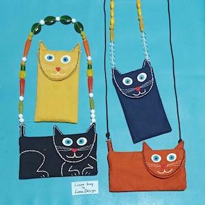 Sac à main chat, sac à bandoulière en lin, sac brodé à la main, sac sashiko, sac pour chat, sac écologique, joli sac à bandoulière, sac à main pour téléphone portable