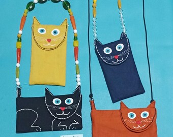 Cat-Shaped Bag: Sashiko Embroidered Purse, Linen Crossbody Bag