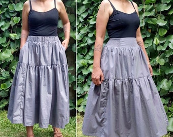 Gray cotton poplin skirt, charcoal skirt, midi work wear, safari skirt, plus sized skirt, smocked waist skirt, skirt with deep pockets