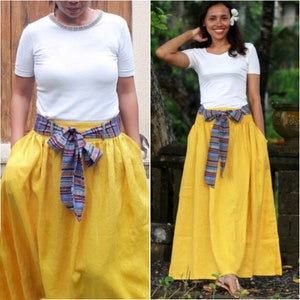 Linen Maxi Skirt with Belt, washed linen midi skirt, chartreuse and burnt orange, customizable high waisted skirt, linen skirt for women Amarelo