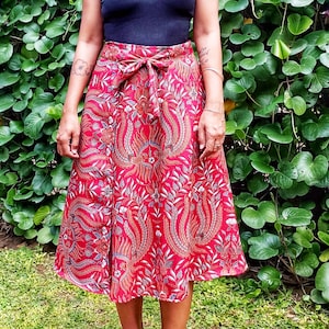Red wrap skirt, batik wrap skirt, maroon skirt, tie front skirt, bird skirt, glossy skirt, smooth skirt, tea length skirt, folklore skirt