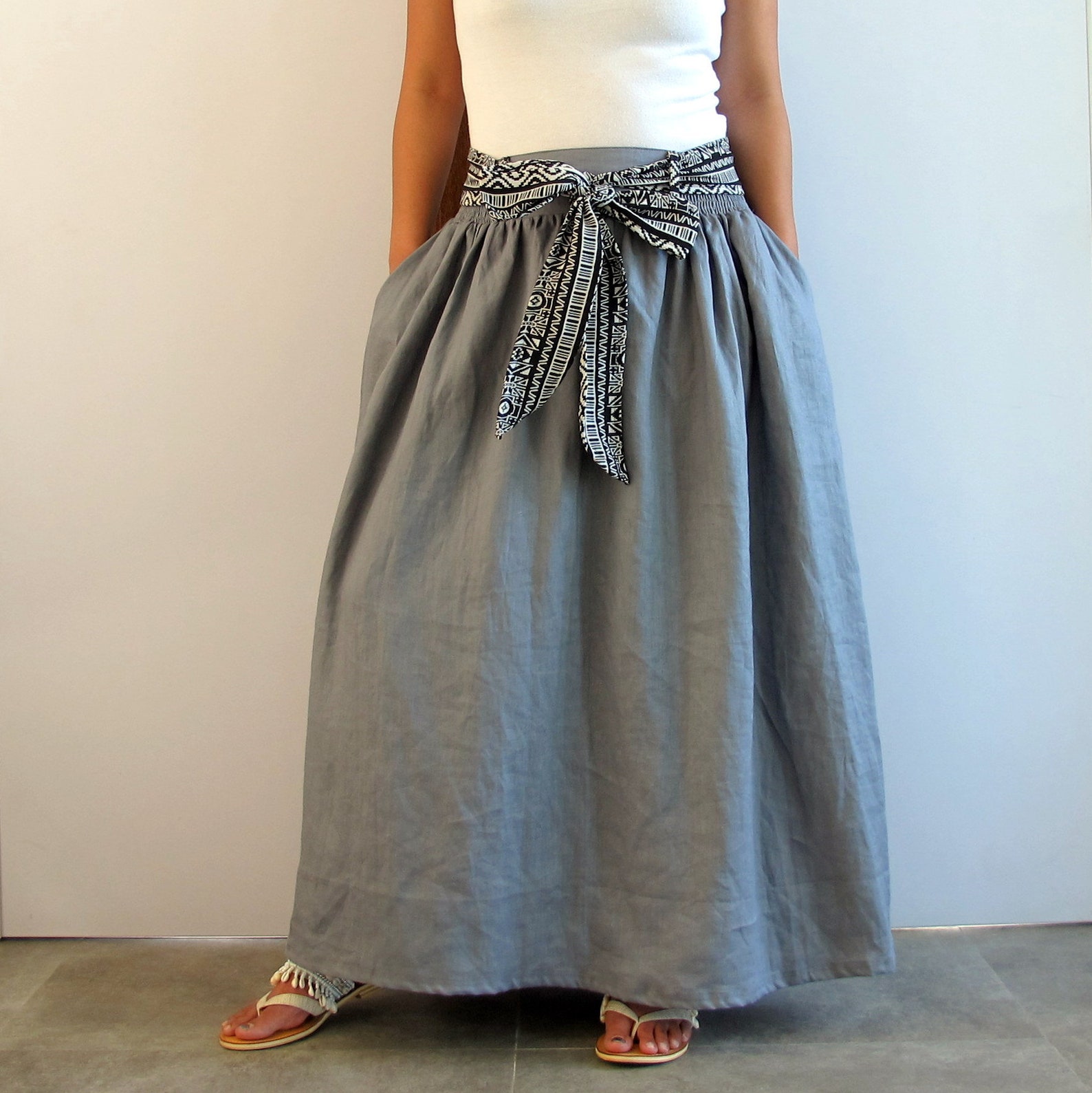 Lush grey linen maxi skirt woven ikat pockets and belt pure Etsy