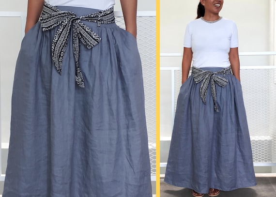 Lush grey linen maxi skirt with woven ikat pockets and belt | Etsy