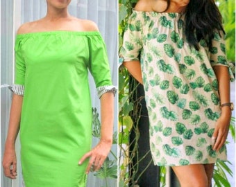 Green mini dress, sexy shoulder dress, striped mini dress, elastic dress, sack dress, square dress, long blouse dress, milkmaid blouse dress