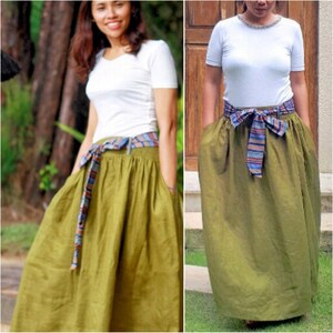Linen Maxi Skirt with Belt, washed linen midi skirt, chartreuse and burnt orange, customizable high waisted skirt, linen skirt for women Verde