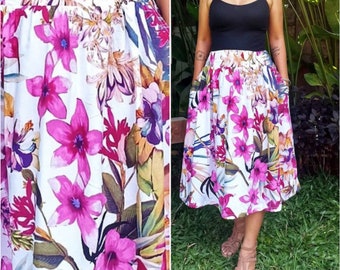 Exotic floral skirt, orchid skirt, tea skirt, silk screened skirt, aloha skirt, spring skirt, winter skirt, bouquet skirt, summer midi skirt