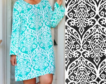 Long sleeve tunic, silk screen dress, long blouse dress, damask dress, sexy dress, tshirt tunic dress, short maternity dress, beach tunic