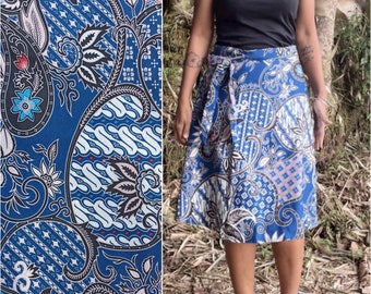 Blue wrap skirt, cotton batik skirt, side tie waist, tie waist skirt, adjustable waist skirt, wraparound skirts, ready to ship gifts