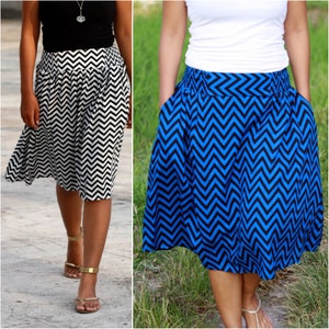 Striped black white skirt, chevron skirt, zigzag skirt, smocked skirt, flared midi skirt, high waist a-line skirt, pleated skirt for women