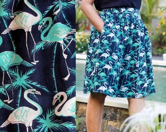 Flamingo skirt, Bali batik skirt, deadstock skirt, novelty skirt, silk print skirt, street skirt,resort skirt, tropical skirt, holiday skirt