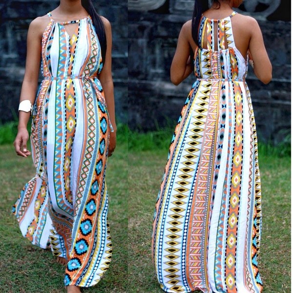 Lovely White-Orange Maxi Dress for Women, Full Length Aztec Tribal Open Back Modest Travel Summer Beach Party Sun Dress, OOAK Ready to Ship