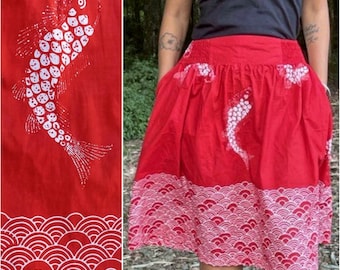 Red batik skirt, wave skirt, fan skirt, fish scale skirt, batik cap skirt, hand print skirt, bell skirt, Japanese skirt, Javanese skirt