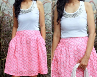 Pastel pink skirt, midi woman skirt, Bali batik skirt, silk screen print skirt, romantic skirt, easy skirt, jewel skirt, cotton midi skirt