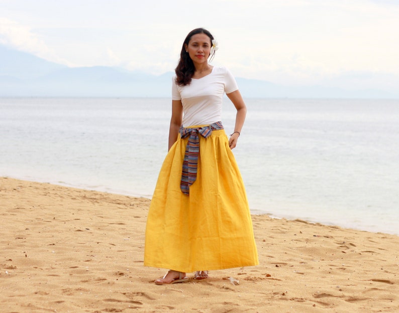 Linen maxi skirt with belt, chartreuse skirt, burnt orange skirt, navy linen skirt, puff skirt, hanbok, black linen skirt, terracotta skirt image 2