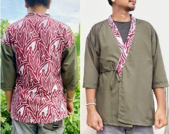 Olive green kimono, casual kimono jacket, maroon kimono, batik kimono, haori style, hanten kimono, travel kimono, custom kimono, caladium