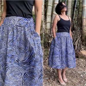 Blue batik skirt, polka dot skirt, screenprint skirt, silk printed fabric, adjustable waist skirt, abstract skirt, women custom skirt