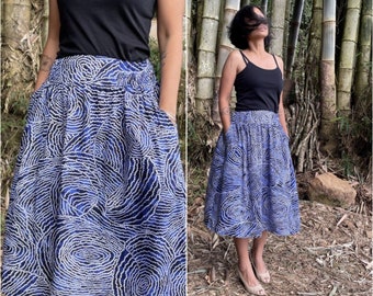 Blue batik skirt, polka dot skirt, screenprint skirt, silk printed fabric, adjustable waist skirt, abstract fabric skirt, women custom skirt