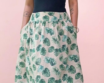 Beiger Leinen Midi Rock: Batik Rock, Monstera Blatt Muster