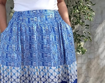 Blue Midi Skirt with Pockets: High Waisted Flowy Skirt, Ikat Print