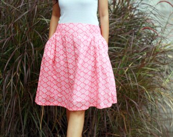 Falda midi rosa con bolsillos: tejido de voile de algodón, falda batik.