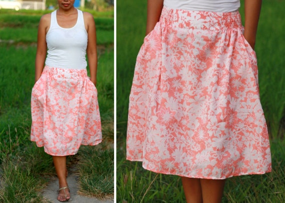 Sweet Pink Midi Skirt for Women Floral Coral Summer Work | Etsy