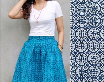 Blue batik midi skirt, block print skirt, stamped batik skirt, traditional folk skirt, summer fashion, geometric skirt, mid length skirt