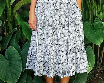 White Floral Midi Skirt: Rose Print Skirt, Batik Fashion