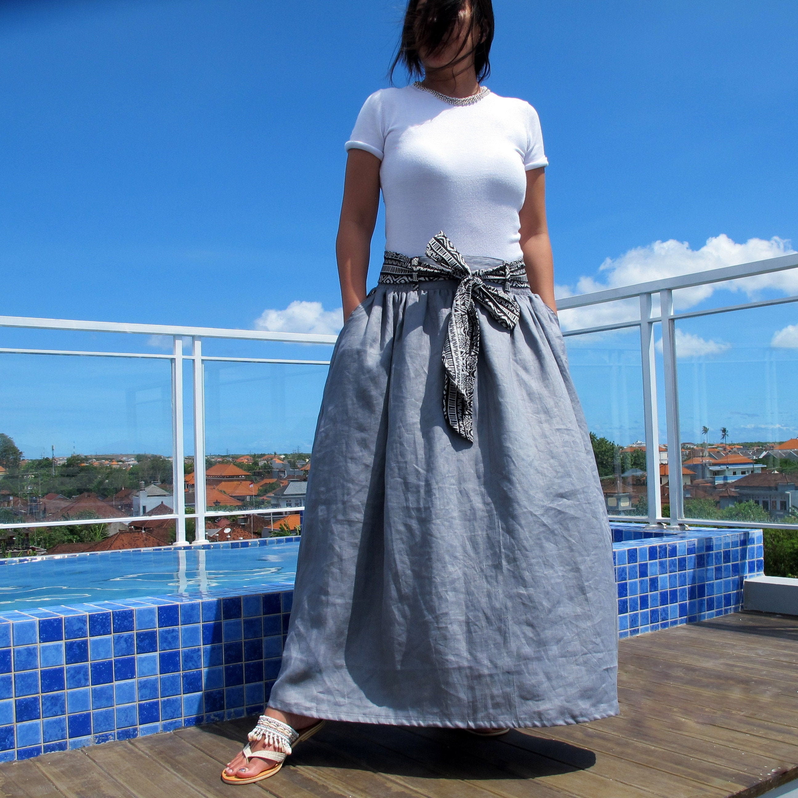 Lush grey linen maxi skirt woven ikat pockets and belt pure Etsy