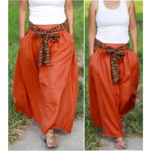 Linen Maxi Skirt with Belt, washed linen midi skirt, chartreuse and burnt orange, customizable high waisted skirt, linen skirt for women Laranja