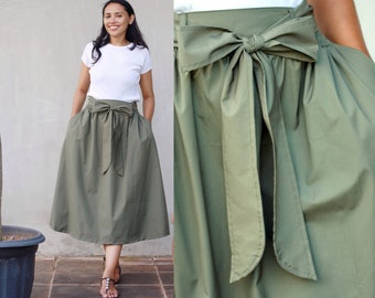 Poplin skirt. wide belt skirt, olive skirt, green midi skirt, khaki skirt, fall skirt, work wear, safari skirt, plus size skirt, smock skirt