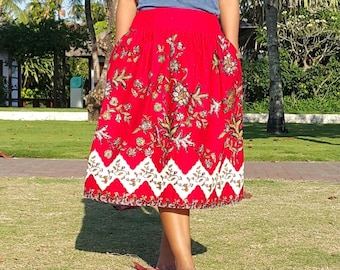 Red floral skirt, batik skirt, floral midi skirt, high waisted maxi skirt, pleated floral skirt, peony skirt, peranakan, blossom skirt