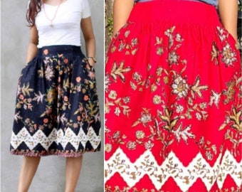 Peony skirt, red batik skirt, party midi skirt, tea length skirt, high waist skirt, contemporary skirt, business skirt, aesthetic skirt