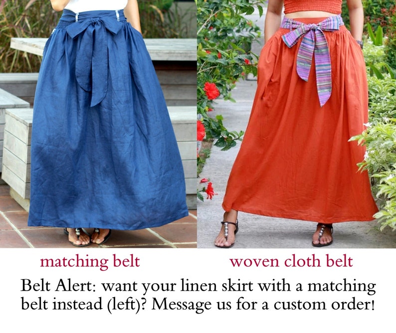 Linen Maxi Skirt with Belt, washed linen midi skirt, chartreuse and burnt orange, customizable high waisted skirt, linen skirt for women image 9