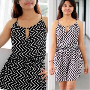 Black and white mini dress, sleeveless mini dress, flirty dress, sexy mini dress, chevron dress, zigzag dress, frock, backless mini dress