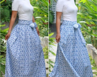 White long skirt with belt, stamped batik skirt, wide skirt, capsule wardrobe, mod skirt,bow skirt,summer skirt,broomstick skirt, long skirt