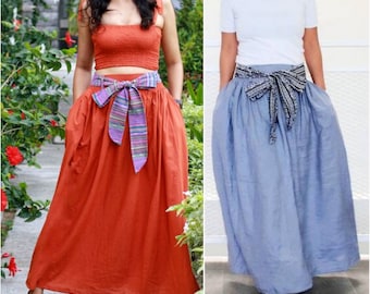 Linen Maxi Skirt with Belt, washed linen midi skirt, chartreuse and burnt orange, customizable high waisted skirt, linen skirt for women