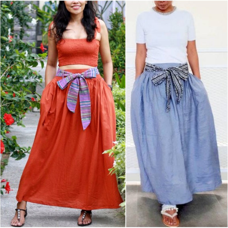 Linen Maxi Skirt with Belt, washed linen midi skirt, chartreuse and burnt orange, customizable high waisted skirt, linen skirt for women image 1